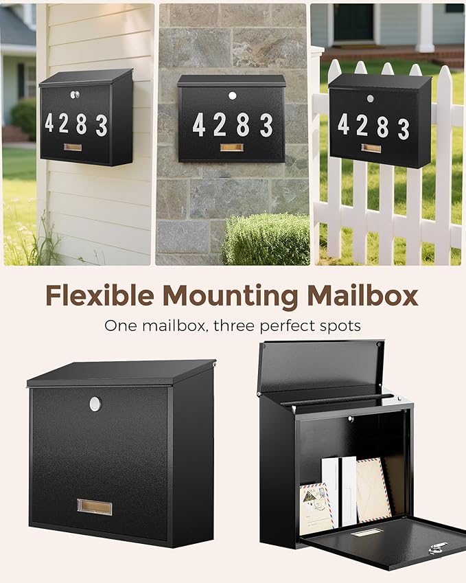 LAND·VOI Locking Wall-Mount Mailbox for Outside, with 4 Keys, Galvanized Steel Rustproof Metal Postbox, 4" Dx13.8 Wx11.2 H, Includes 3 Sets of Mailbox Numbers, Nameplate, Black, AMB33B