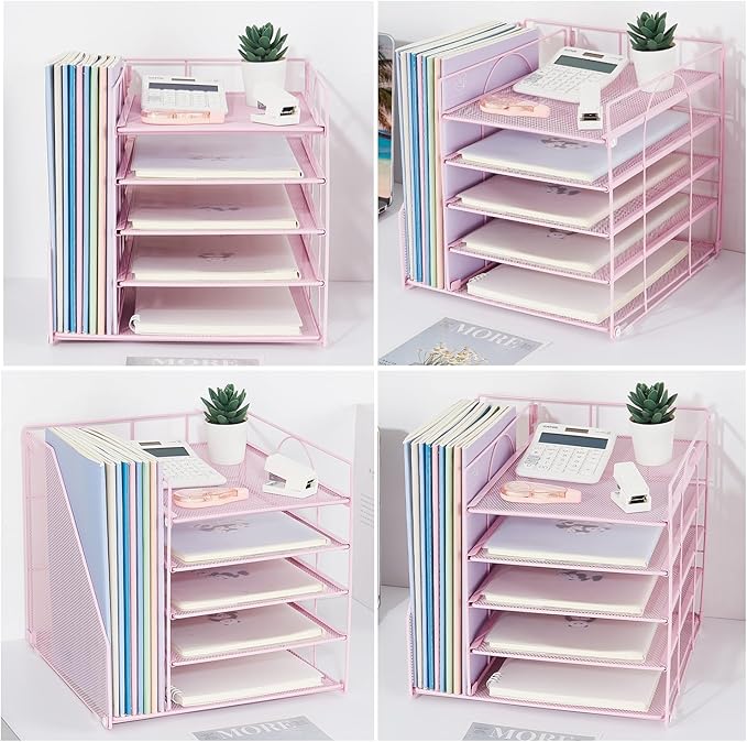 LEKETREE Desk Organizers and Accessories, 5-Tier Paper Letter Tray Organizer with File Holder, Desktop Organizer for Office Supplies (Pink)