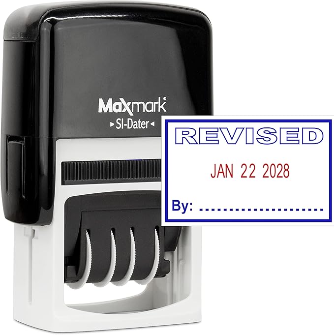 MaxMark Office Self Inking Date Stamp with Phrase Revised - 2 Color Blue/Red Ink