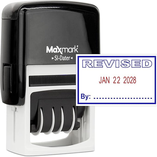 MaxMark Office Self Inking Date Stamp with Phrase Revised - 2 Color Blue/Red Ink