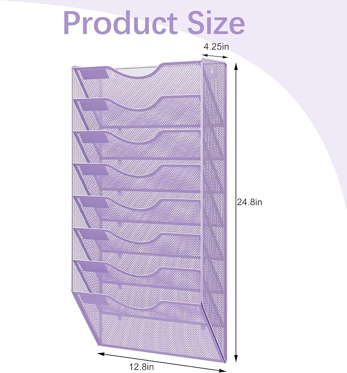EasyPAG 8 Pocket Mesh Wall File Organizer, Hanging Paper Folder Holder with Classify Label, Vertical Wall Mount Mail Organizer for Office Home Classroom, Purple