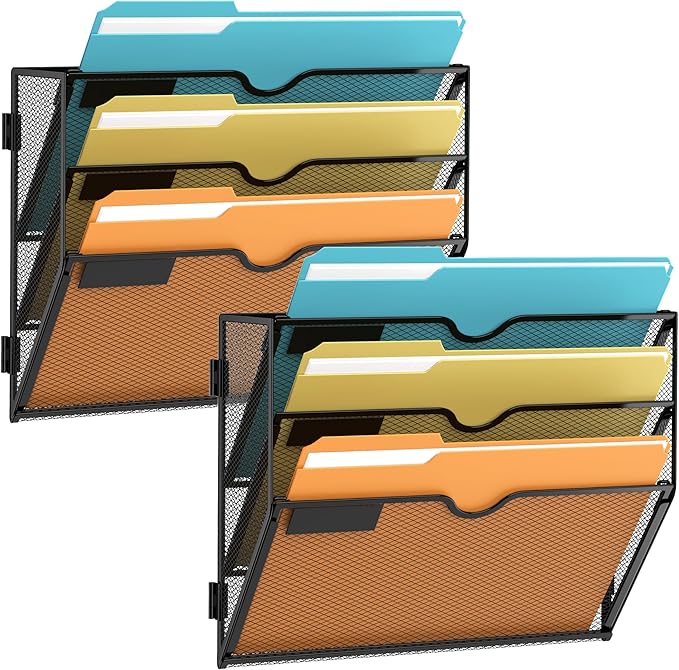 SUPEASY Wall File Organizer Mesh Office Mail Holder, Hanging Wall Organizer Magazine Rack for Office Black, 3 Tier, 2Pack