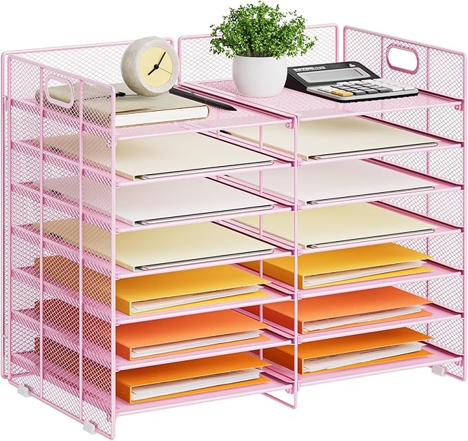 Marbrasse Desktop Literature Organizer, 12 Compartments Mesh Paper Organizer Desk Organizers, Adjustable File Sorter Mail Center Paper Storage Cabinet Classroom Mailbox for Office Home School, Pink