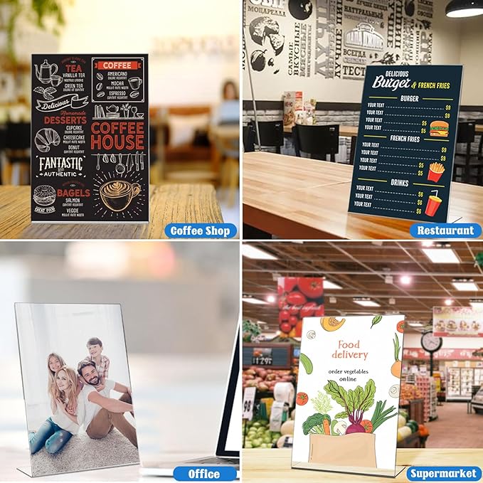Laerjin Acrylic Sign Holder 4 x 6 - 10 Pack Slanted L-Shaped Photo & Menu Display Stand, Clear Plastic Frame with Side Loading Design - For Tabletop Signs in Cafés, Events, Retail