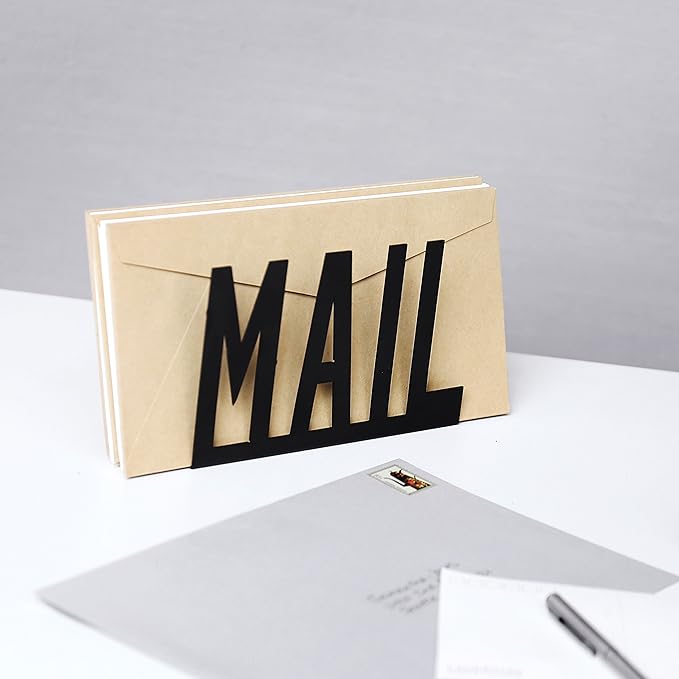 MyGift Mail Holder Organizer Countertop Modern Metal Black with Cutout MAIL Lettering Design, Office Desktop Envelope and Document Storage Rack