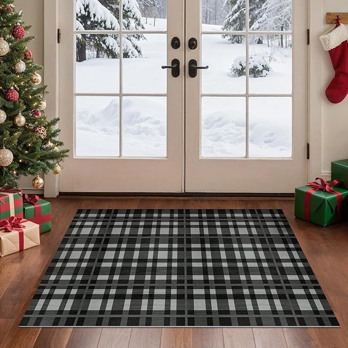 GENIMO Checkered Rug 27.5x44 inches Black and White Fine Plaid Outdoor Rug Buffalo Plaid Rugs Mat Fall Doormats Washable Rug for Front Porch Decor Indoor Entrance Patio Balcony Entryway