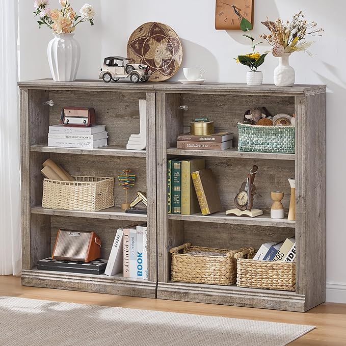 RWYHG 43" Grey Tall Bookshelf Set of 3,3-Tier Thick Wooden Book Shelf with Adjustable Shelves,Free Standing Farmhouse Bookcase with Open Display Storage,Floor Vintage Bookshelves for Living Room