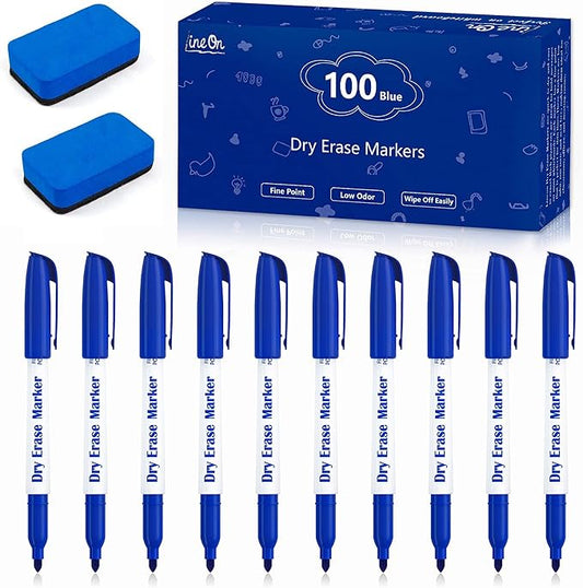 Lineon Dry Erase Markers, 100 Bulk Pack Blue Whiteboard Markers with 2 Eraser, Fine Point Dry Erase Markers Perfect For Writing on Whiteboards, Dry-Erase Boards,Mirrors for School Office Home