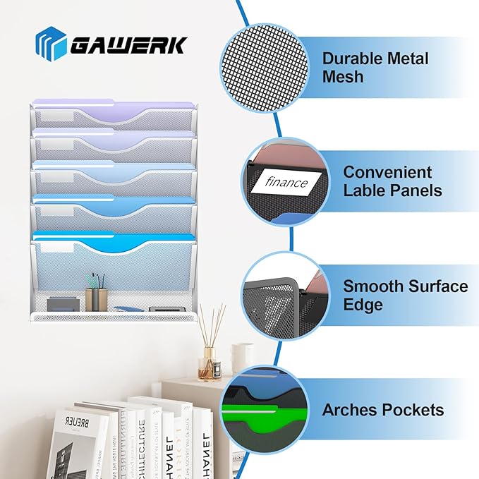 Gawerk 6 Tier Hanging File Organizer, Mesh Wall File Holder Paper Folder Rack with Bottom Flat Tray for Office Home, White