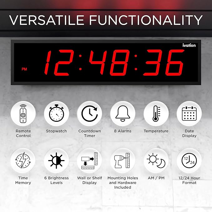 Ivation Oversized 24" Large Digital LED Clock | Big Digital Clock w/Multi-Function Display – Stopwatch, Timer, Alarms, Temp & Date | 6 Brightness Levels, Time Memory & Remote (Red)