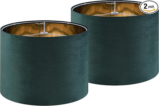 Green Velvet Lampshades Set of 2 Medium Drum Lamp Shade 13" Top x 13" Bottom x 10" High (Spider) Modern Lamp Shade - Ideal for Table & Floor Lamps - Lampshades Replacement - By GO&SO