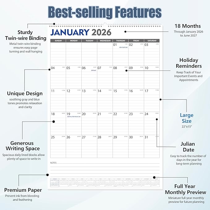 GuassLee Large Wall Calendar 2026-2027, 22"x15" Vertical Wall Calendar 2026, Jan. 2026 to Jun. 2027, 18-Month Paper Hanging Planner Wall with Julian Date for Office Home Planning & Organizing