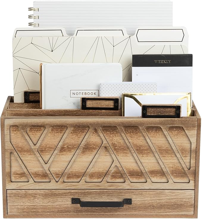 BLU MONACO | Natural Wood Desktop Mail Organizer with Drawer | Three-Tier Mail Sorter with Black Label Holders | Countertop Mail Holder & Document Storage for Home or Office