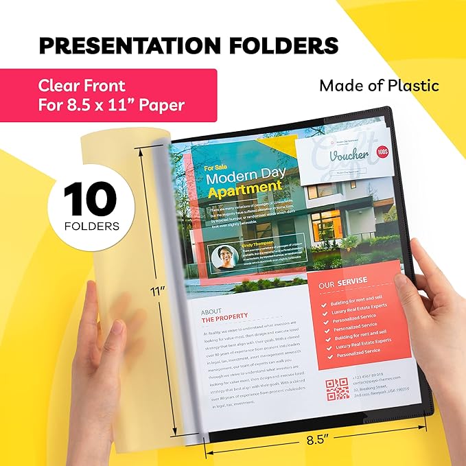 Report Covers - (Set of 10), 8.5 x 11 Letter Size, Clear Front Folders with 3-Prong Fasteners - Ideal for Presentations, Resumes & Keeping Your Documents Neat and Professional