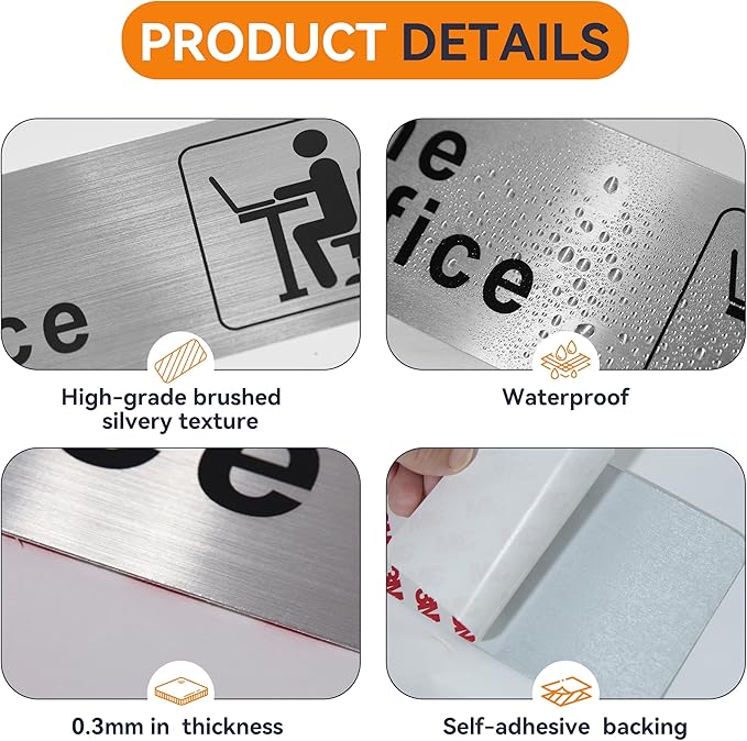 The Office Sign for Home and Business Door，Self-Adhesive Waterproof and Fade-Resistant Brushed Silver Office Sticker for House，Business，Door, Window