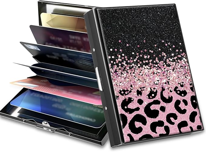 BWEGRHE Slim Credit Card Holder, Pink Glitter Leopard RFID Blocking Metal Wallet for Men & Women, Aluminum Minimalist Hard Case Pocket-Sized Business Cards Organizer (Fits Up to 10 Cards)