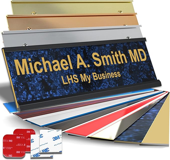 Custom Name Plate with Choice of Mounting for Walls, Doors, Cubicles, Hanging and More - Personalized Celestial Blue Plastic Gold Letters - USA Made 2x10 - S1