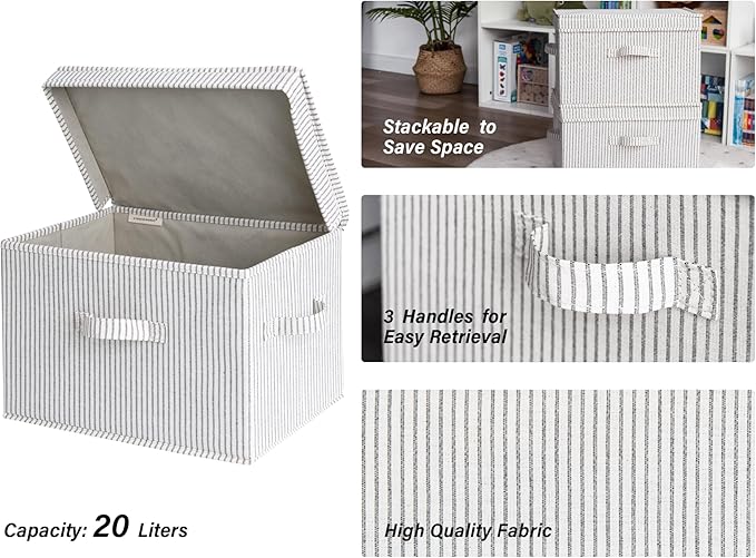 StorageWorks Fabric Storage Bins with Lid, Decorative Storage Boxes for Shelves, Stackable Closet Organizer Basket with Handles, Large, Stripes, 2-Pack