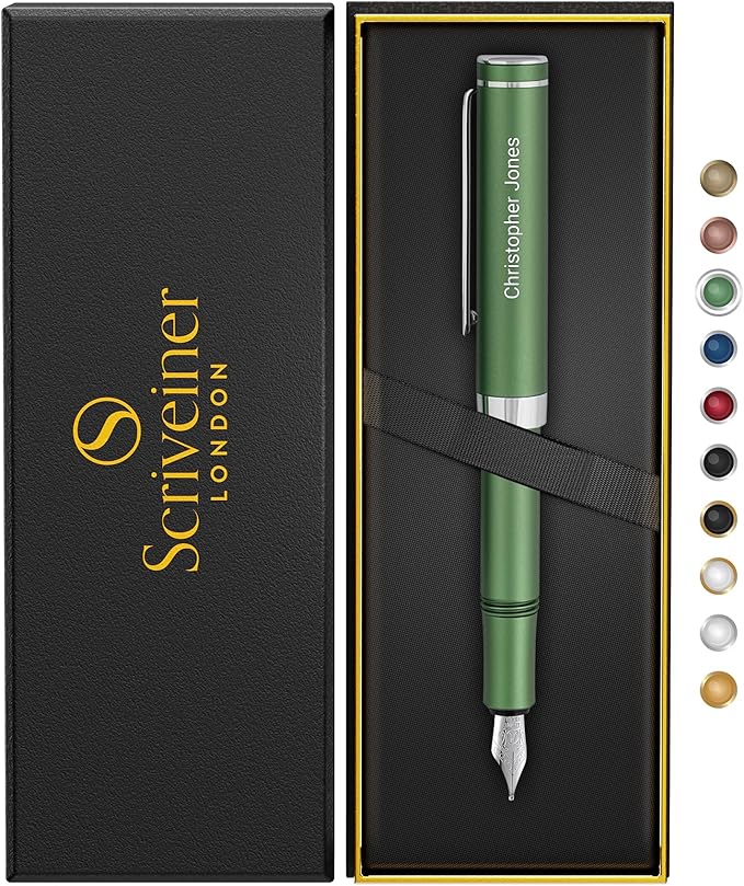 Scriveiner Personalized Luxury EDC Fountain Pen (Medium), Stunning Matt Green Pocket Pen, Chrome Finish, Schmidt German Nib, Best Engraved Fountain Pen Gift Set for Men & Women, Name Engraving
