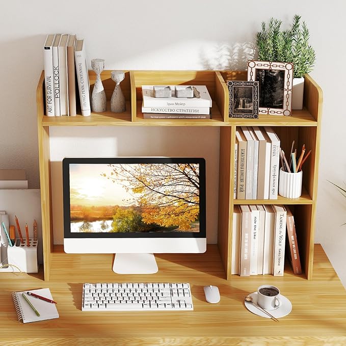 Tangkula Desktop Bookshelf, Countertop Storage Hutch with Shelves for Computer Desk, Desk 3-Tier Display Rack, Multipurpose Wood Desktop Hutch Storage Organizer for Dorm Office