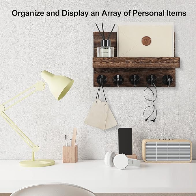 Lwenki Key Holder for Wall, Decorative Key and Mail Holder with Shelf Has Large Key Hooks for Bags, Coats – Paulownia Wood Key Hanger with Mounting Hardware (9.8”W x 6.7”H x 4.2”D) (Brown)
