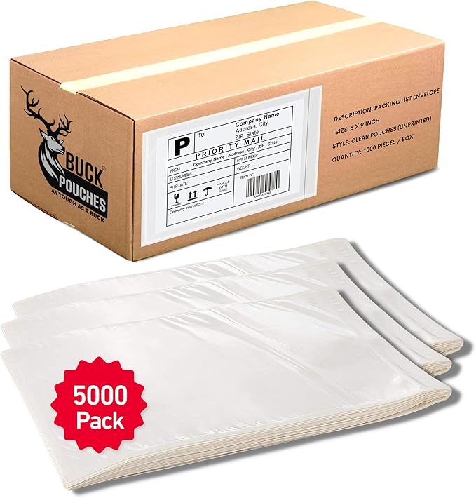 5000 Pack 6"x9" Shipping Label Sleeves – Clear Self-Adhesive Packing Slip Pouches, Waterproof Packing List Envelopes – Ideal for Shipping Documents, Mailing Labels, Invoices & Packing Slips