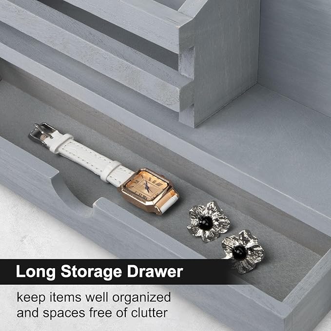 Lucundm Key Holder Wall Mount, Mail Holder with Storage Drawer and 5 Key Hooks for Coat, Dog Leash, Home Decor Rack, House Accessories, Entry Way Organizer (Gray)