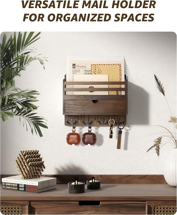 Rebee Vision Farmhouse Wood Mail Organizer Wall Mount - Key and Mail Holder for Wall with Storage Drawer and 7 Key Hooks - Rustic Home Decor for Entryway, Office and Garage (Retro Brown)