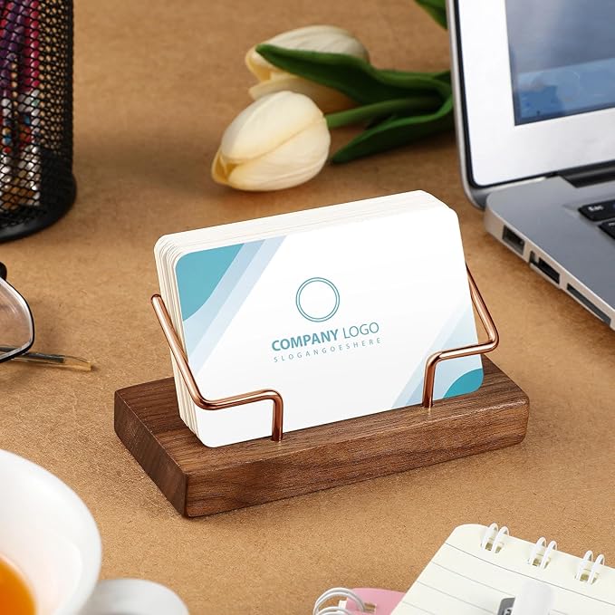 Amyhill 2 Pieces Wood Business Card Holder for Desk Wooden Business Card Display Stand Postcard Holder for Office Home Desktop (Wood Color, Rose Gold)