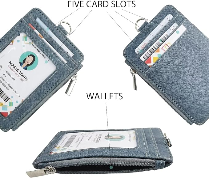 Black ID Badge Holder with Lanyard, Vertical PU Leather ID Badge Card Holder with 1 Clear ID Window, 4 Credit Card Slots and a Detachable Neck Lanyard for Office School Student