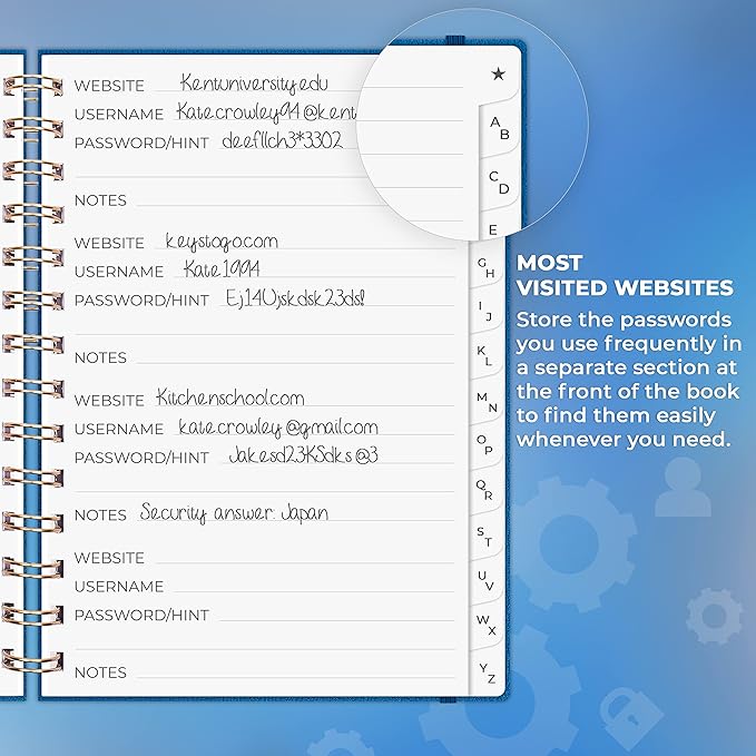 Clever Fox Password Book Spiral – Internet Address & Password Organizer with Laminated Alphabetical Tabs – Password Keeper Journal – Hardcover, Medium Size, 6.1x7.7” (Mystic Blue)