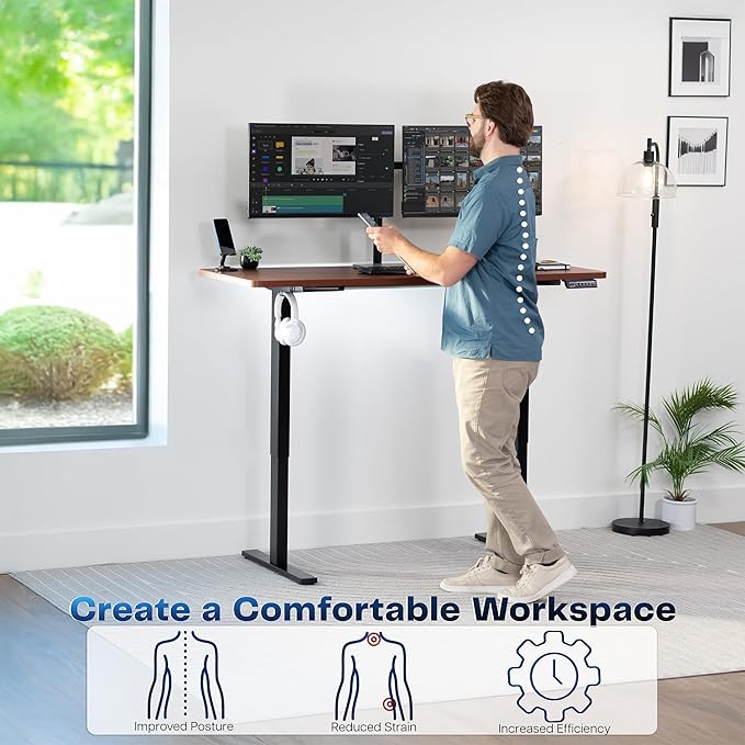 VIVO Electric 60 x 24 in Standing Desk, Memory Height Adjustment, 1B Series, Holds 220 lbs, One-Piece Dark Walnut Top, Black Frame, DESK-KIT-1B6D