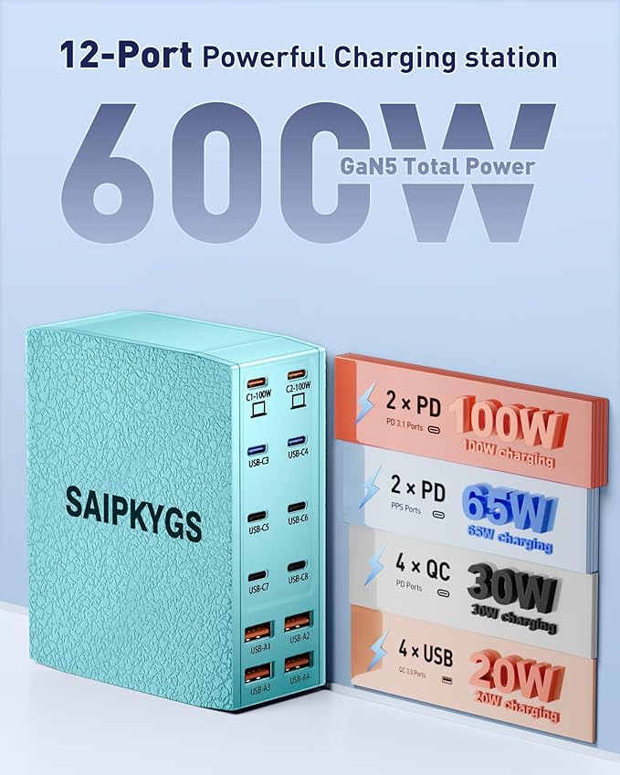 SAIPKYGS Charging Station (600W),12-Port USB C Charger Block with Dual 100W PD USB-C Fast Charging Station Hub for MacBook Pro/Air/All iPad Phone 17/16 15/14/13/Pro Max/Samsung Galaxy Note(Green)