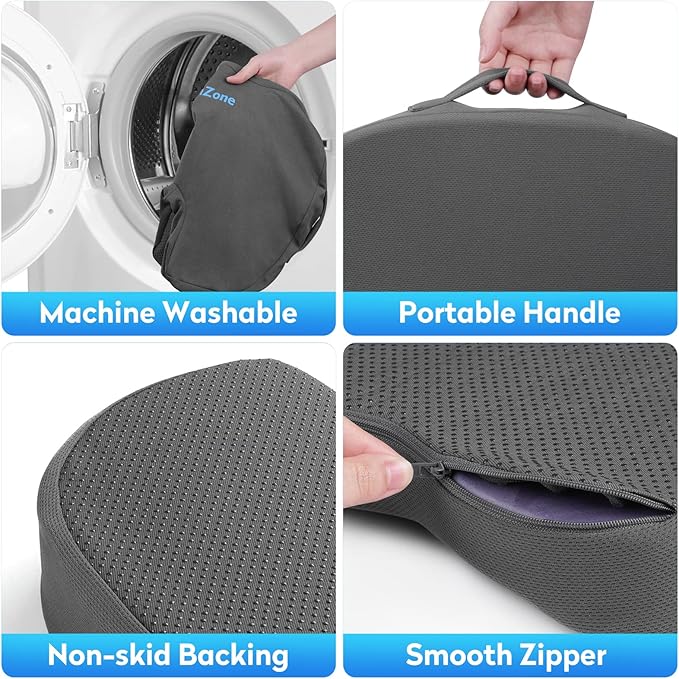 CushZone Seat Cushion, Office Chair Cushions, Car Seat Cushion, Non-Slip Sciatica & Back Coccyx Tailbone Pain Relief Chair Pad, Memory Foam Butt Pillow for Computer Desk, Wheelchair, Driving (Grey)
