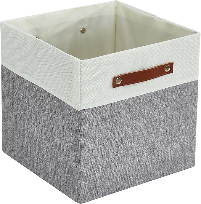 DECOMOMO Storage Basket with Lid, Storage Cubes with Handles, Fabric Box with Lid (Grey and White, 11” / 3 Pack)