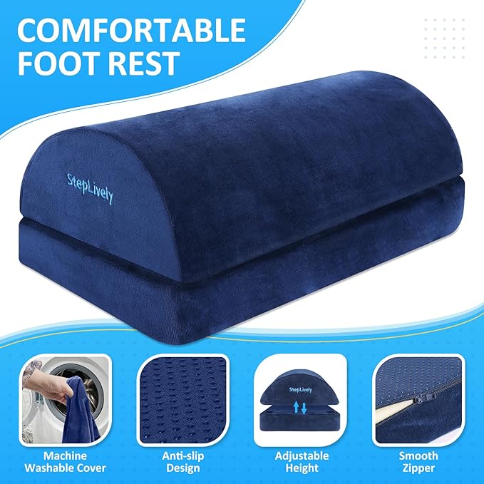 StepLively Foot Rest for Under Desk at Work, Comfortable Foot Stool with 2 Adjustable Heights, Footrest with Washable Cover, for Back & Hip Pain Relief, Suitable for Office, Home, Car, Blue, X-Large