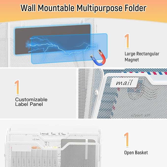 Docnest 2 Tier 3 Pack Magnetic Wall Mounted File Holders,Mesh Letter Organizer, Magnetic Hanging Mail Paper Document Organizer for Office, Home, School, White
