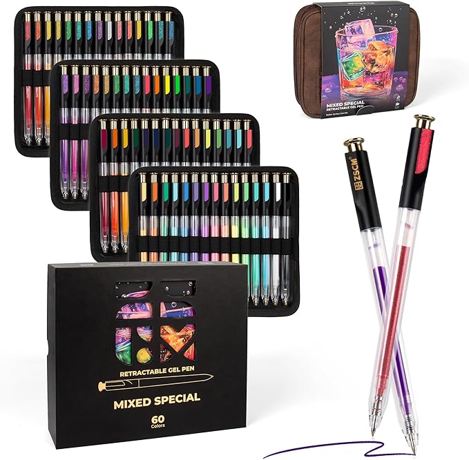 ZSCM Retractable Gel Pen For Adult Coloring, 60 Colors Large Capacity Multicolor Gel Ink Pens, 1 mm Fine Point Smooth Writing Color Pen for Adult Coloring Book Note Taking Aesthetic Art Supplies