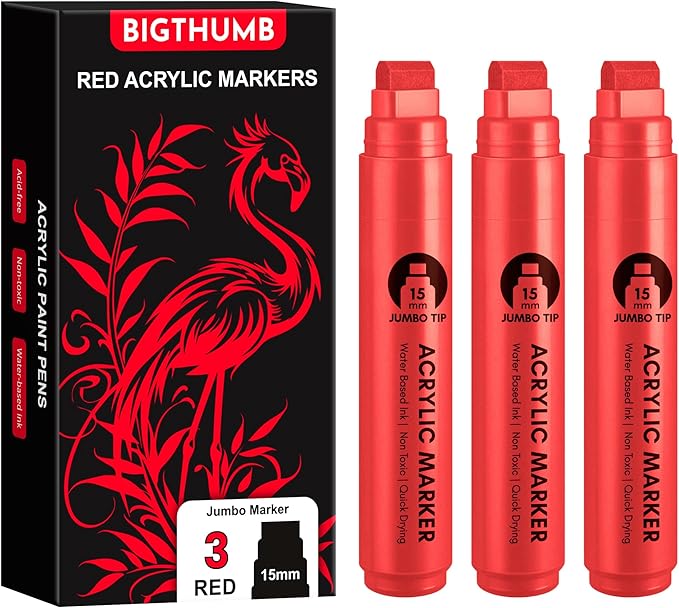 BIGTHUMB 3 Pcs Red Jumbo Permanent Markers: 15mm Wide Tip Thick Acrylic Paint Pen Large Calligraphy Marker for Rock Painting, Poster, Sign, Canvas, Glass, Wood, Ceramic
