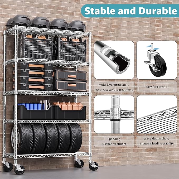 M MZG 5-Shelf Storage Shelves,Wire Shelving Heavy Duty Metal Storage Shelving Unit Adjustable Garage Shelving Rack Pantry Kitchen (Chrome, 5 Tier,17.7" D x 47.2" W x 76.7" H)