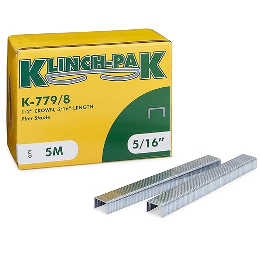 Klinch-Pak K-779/8, 5/16” Leg by 1/2" Wide Crown Heavy-Duty Galvanized Plier Staples, 5000 Per Package, for stapling Trays, Lids, Bags, Header Cards, Fastening End Caps and Container Inserts