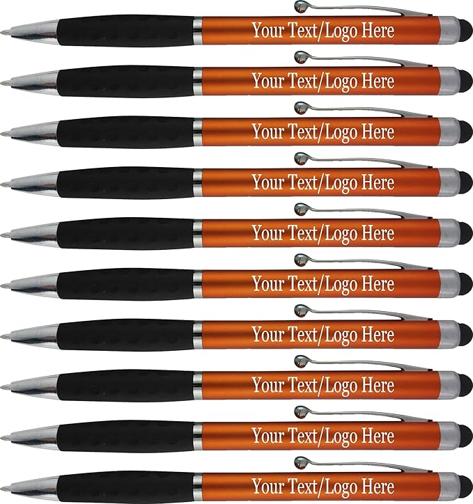 SyPen Personalized Pens With your Custom Logo or Text-300 Pack Bulk-for Businesses, Parties, and Events, 2 in 1 Ballpoint Pen & Stylus for Touchscreen Devices, Orange Barrel, Black Ink