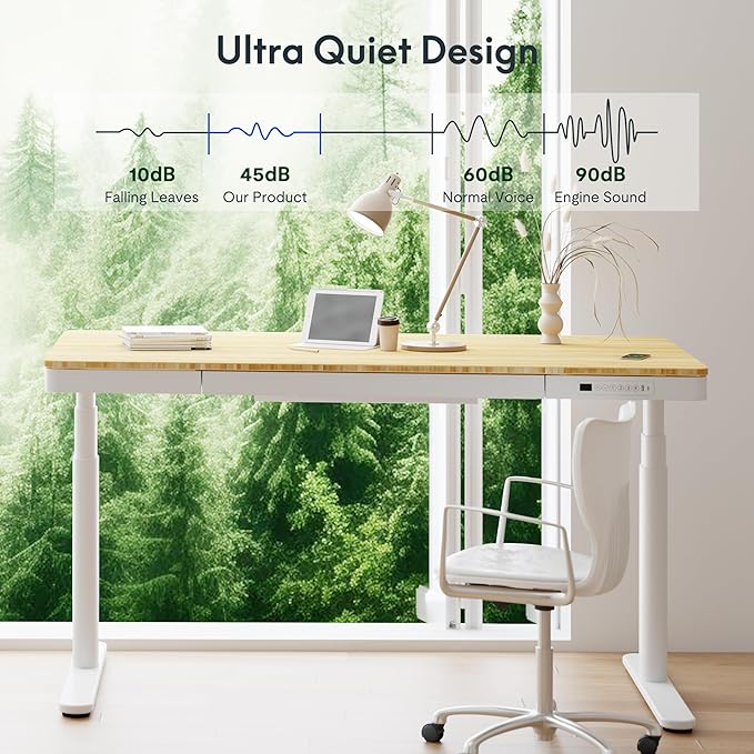 FLEXISPOT Q8 55" Bamboo Standing Desk, Dual Motor 3 Stages Adjustable Height Electric Computer Workstation w/Wireless Charging, Drawer, Quick Install, 220lbs Capacity (Bamboo Tabletop + White Frame)