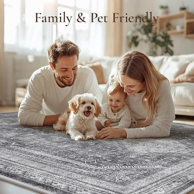 GENIMO 5x7 Area Rugs for Living Room, Machine Washable Non Slip Rugs, Low Pile Lightweight Print Rug for Bedroom, Dining Room, Home Office, Vintage Grey