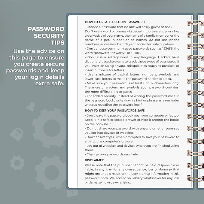 Clever Fox Password Book Spiral – Internet Address & Password Organizer with Laminated Alphabetical Tabs – Password Keeper Journal – Hardcover, Medium Size, 6.1x7.7” (Deep Sea)