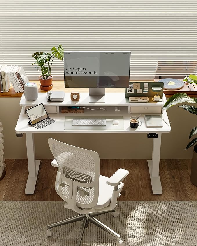 FEZIBO 48 x 24 Inch Height Adjustable Electric Standing Desk with Double Drawer, Stand up Home Office Computer Desk with 4 Height-Adjustable Feets & 2 Hooks, White
