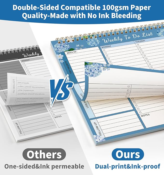 104 Pgs Weekly To Do List Notepad, 52 Duplex-Printed Undated Sheets 100 GSM（8.5"×11") Weekly Desk Planner For Work Home School Office Desk Accessories Supplies & Goal Setting Tasks -Blue Hydrangea