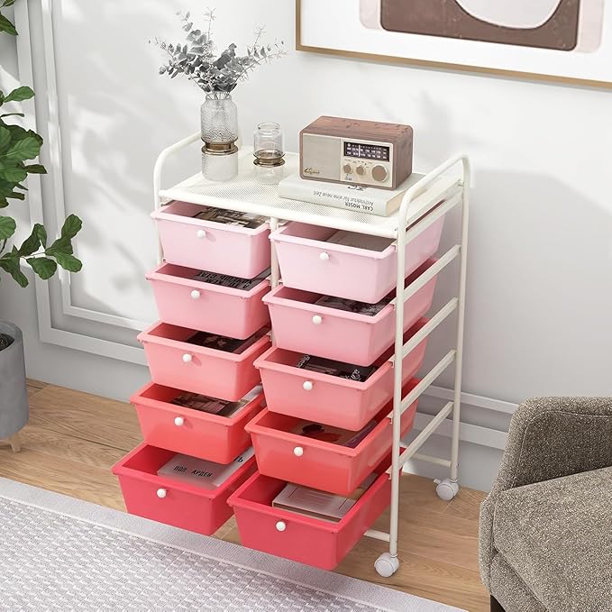 LDAILY 10 Drawer Rolling Cart, Storage Cart Organizer on Wheels, Drawer Cart with Metal Frame & Large Storage Capacity, Rolling Cart with Drawers for Living Room Classroom, Office