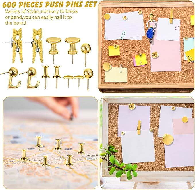 Sawysine 600 Pcs Decorative Push Pins, Gold Thumb Tacks 6 Types Cute Push Pin Clips for Bulletin Board Wall Cork Board Colorful Classroom Decor Teacher Must Haves Supplies School Crafts Project