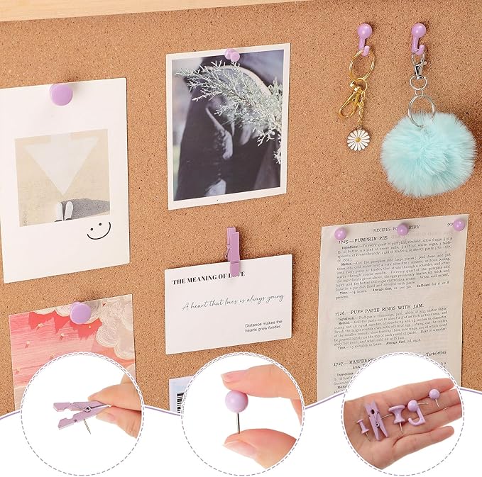 200 Pieces Push Pins Set, 5 Types Purple Thumb Tacks Cute Decorative Push Pins for Wall Cork Board Bulletin Boards with Storage Box